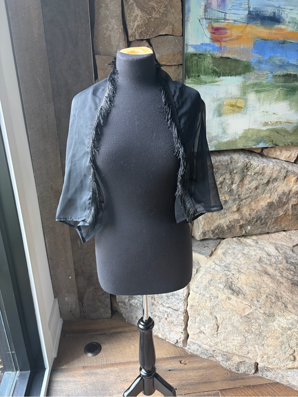 Vintage Black Sheer Beaded Fringe Shrug Bolero Evening Wrap